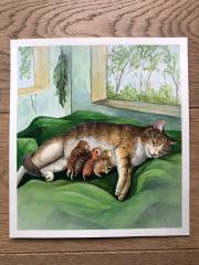 Original Bild Katze mit Jungen im Zimmer, handgemalt